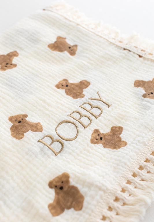 🧸 Bear Ruffle Muslin Baby Blanket – Soft & Breathable Comfort